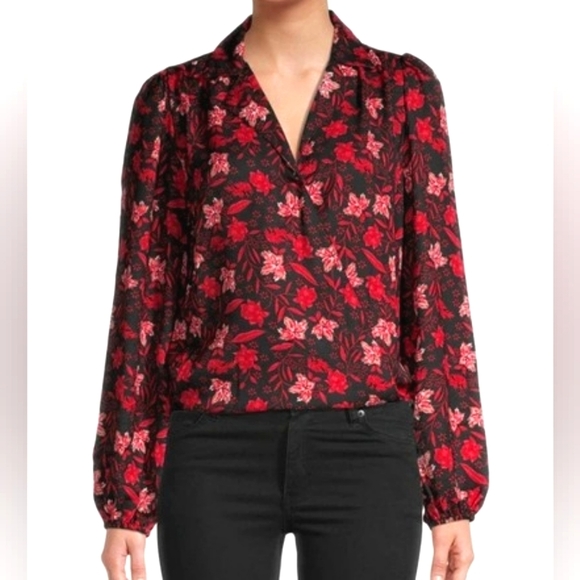 Walter Baker Tops - Walter Baker Darla Floral Notch Lapel Bodysuit Red Long Sleeve Top Blouse s